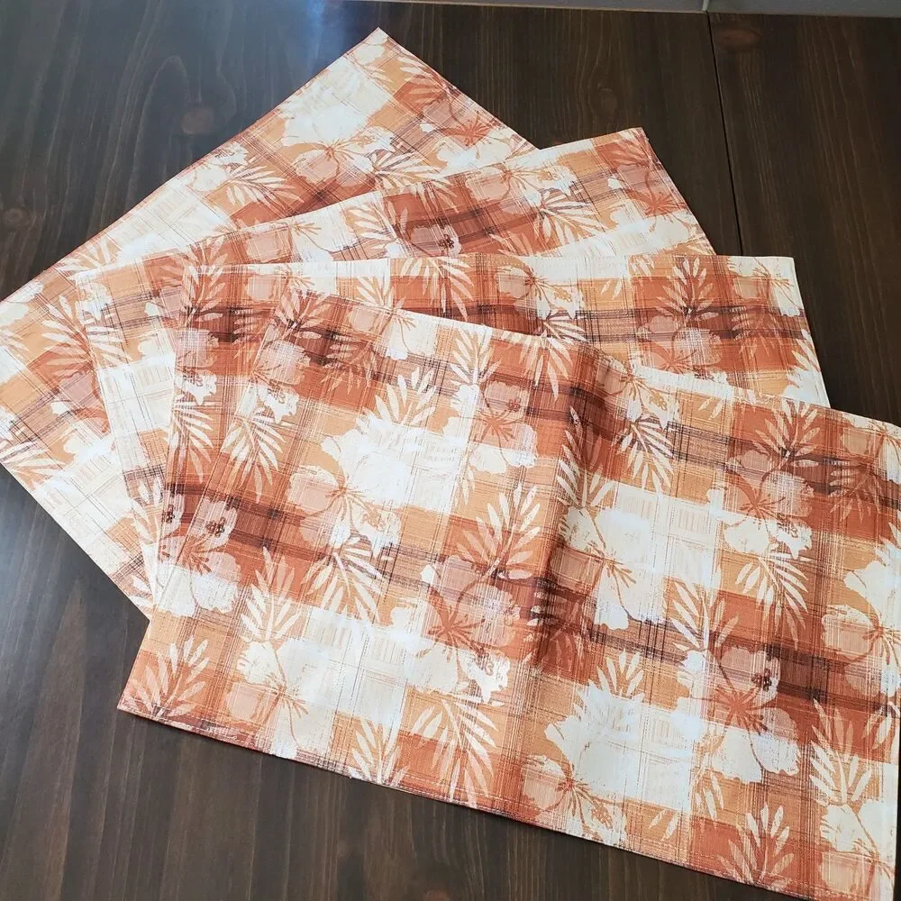 Cloth Placemats 4 Tropical Floral Plaid Brown Cream Tan Hibiscus 19x13